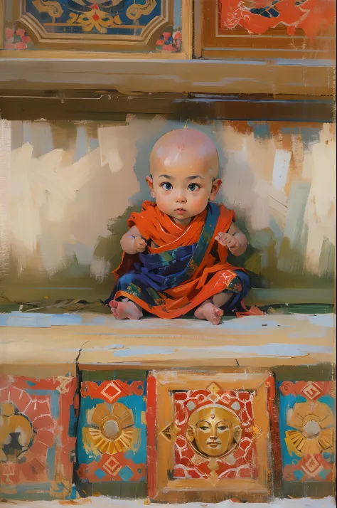 Potala Palace，Cute cute and serious baby boy living Buddha，Tibetan Buddhist costumes，bald-headed，Buddha，Sit cross-kneeled，Red face，and the sun was shining brightly，Buddhist Hall，oil painted，inks，acrycle painting，tmasterpiece，Renaissance style，best qualtiy，...
