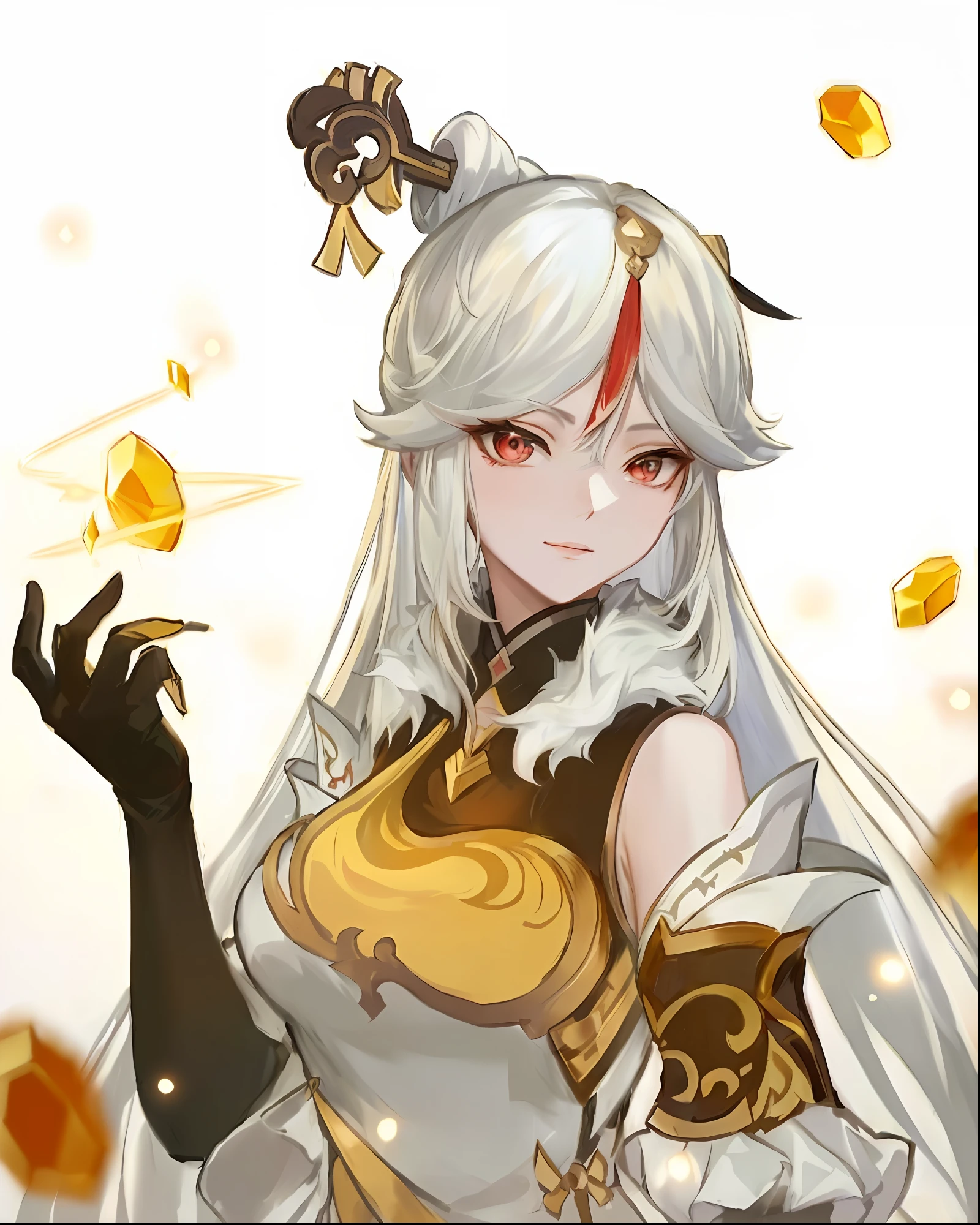 Anime-Mädchen mit weißen Haaren und schwarzen Handschuhen, die einen goldenen Gegenstand halten, weißhaariger Gott, Onmyoji detaillierte Kunst, onmyoji, Anime-Göttin, Der Blick in Genshin, Onmyoji-Porträt, Genshin, Keqing aus Genshin Impact, Porträt Ritter des Sternzeichens Mädchen, Kushatt Krenz Key Art Women, Ayaka Genshin Impact