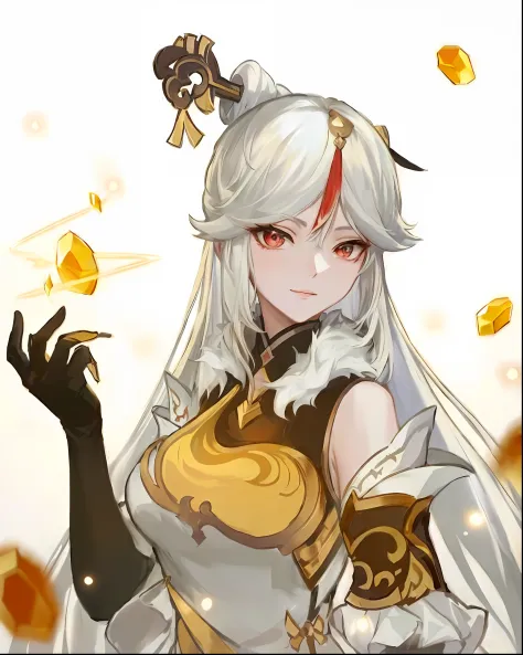 Anime girl with white hair and black gloves holding a golden object, white-haired god, Onmyoji detailed art, onmyoji, Anime godd...