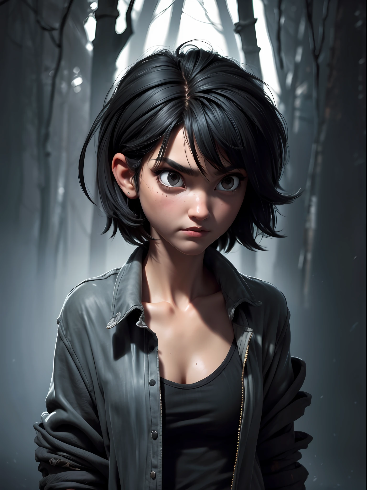 1girl, short black hair messy, black eyes, psycho look, gray haze around, peeking out upper body, dark forest, Ripped clothes, 16k