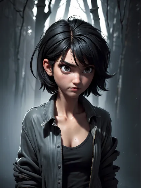 1girl, short black hair messy, black eyes, psycho look, gray haze around, peeking out upper body, dark forest, Ripped clothes, 1...