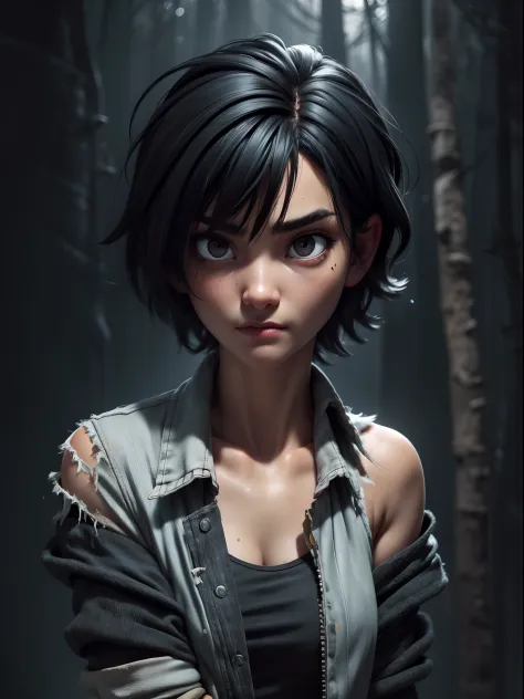 1girl, short black hair messy, black eyes, psycho look, gray haze around, peeking out upper body, dark forest, Ripped clothes, 1...