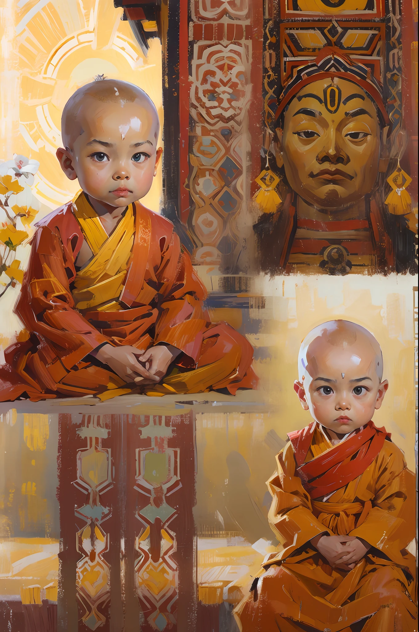 Potala Palace，Cute cute and serious baby boy living Buddha，Tibetan Buddhist costumes，bald-headed，Red face，and the sun was shining brightly，Buddhist Hall，oil painted，inks，acrycle painting，tmasterpiece，Renaissance style，best qualtiy，A high resolution，super-fine，Eyes detailed，Face detailed，hair detail，Accurate，Clear eye focus close-up