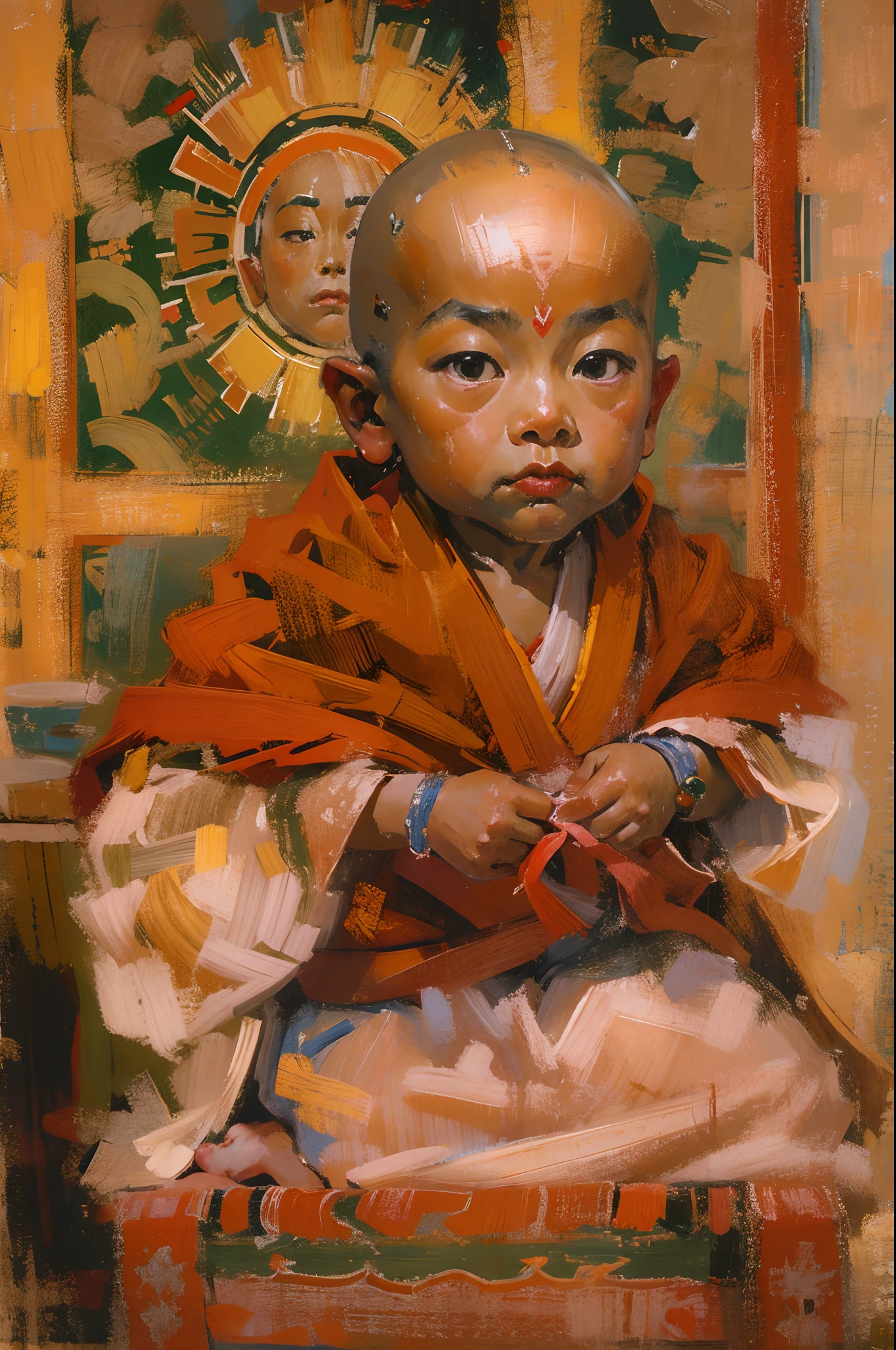 Shigatse, Tíbet，Cute cute and serious baby boy living Buda，Tíbetan Buddhist costumes，calvo，Buda，Sentarse de rodillas cruzadas，Cara roja，y el sol brillaba intensamente，Salón Budista，pintado al oleo，tintas，pintura acrílica，obra maestra，estilo renacentista，la mejor calidad，Una alta resolución，super-fine，ojos detallados，cara detallada，detalle del cabello，preciso，Primer plano de enfoque ocular claro