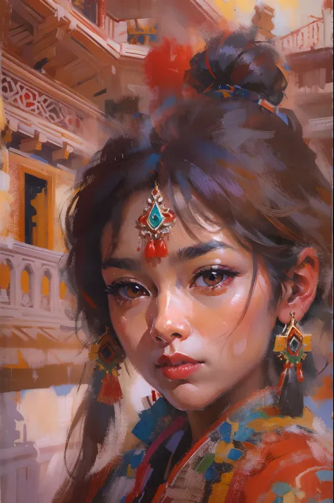 Potala Palace, Lhasa，Beautiful Tibetan girl，Tibetan costumes，Keep open doors，Dance，cabelos preto e longos，Red face，oil painted，inks，acrycle painting，tmasterpiece，Renaissance style，best qualtiy，A high resolution，super-fine，Eyes detailed，Face detailed，hair d...