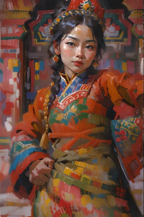 Potala Palace, Lhasa，Beautiful Tibetan girl，Tibetan costumes，Keep open doors，Dance，cabelos preto e longos，Red face，oil painted，i...