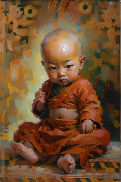 Shigatse, Tibet，Cute cute and serious baby boy living Buddha，Tibetan Buddhist costumes，bald-headed，Buddha，Sit cross-kneeled，Red face，and the sun was shining brightly，Buddhist Hall，oil painted，inks，acrycle painting，tmasterpiece，Renaissance style，best qualti...