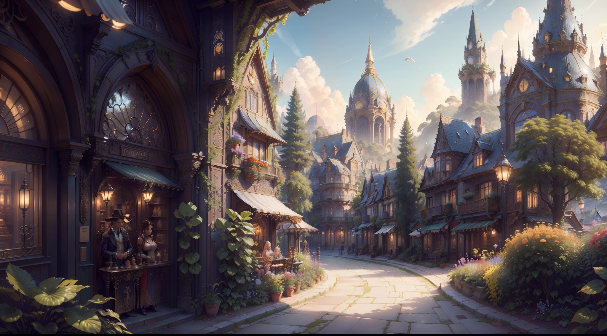 "picturesque townscape: breathtaking architecture in Art Nouveau style, ((paved street)), (beautiful cafe in the background: 0.5), ((magic shops: 0.5)); town square, charming, vibrant cityscape, [cars] enchanting magical fantasy ambiance, (masterpiece), (best quality), (ultra-detailed) beautiful surroundings in the background, many flowers and trees, insanely detailed and intricate, hypermaximalist, elegant, ornate, hyper realistic, super detailed, Cinematic Lighting, Wide Angle, scenery"