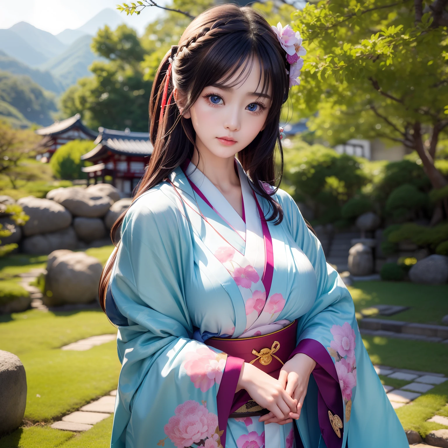 高品質、２５歳の美しい女性、スレンダー美人、華やかな日本の伝統的な着物を着る、ヘアピン、能力、高価な帯、大きな美しい青い目、細部までこだわったかわいい顔、(((ソロ)))、品位ある振る舞い、祇園、Kiyomizu-dera Temple、桜の木の下で