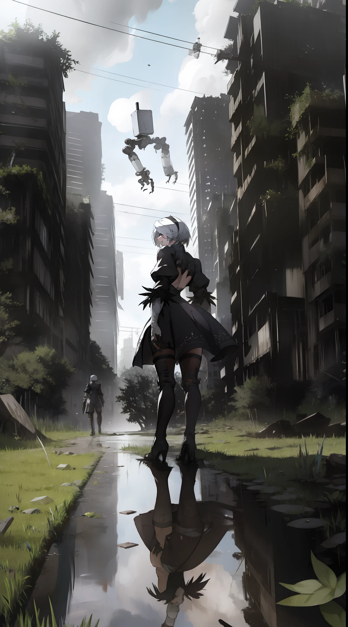 yorha no. 2 type b, 1girl, absurdres, black blindfold, black dress, black hairband, blindfold, blue sky, boots, building, city, cloud, covered eyes, debris, dress, feather-trimmed sleeves, feather trim, from below, gloves, grass, hairband, high heel boots, high heels, highres, juliet sleeves, katana, leather, leather boots, long sleeves, nier \(series\), nier automata, outdoors, overgrown, pod \(nier automata\), post-apocalypse, puddle, puffy sleeves, rubble, ruins, scenery, sky, thigh boots, thighhighs, thighhighs under boots, water