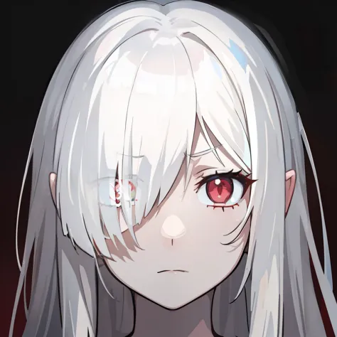 A  girl. red-eyes. white colored hair. An indifferent face. pale skin. snow-white hair. bare neck