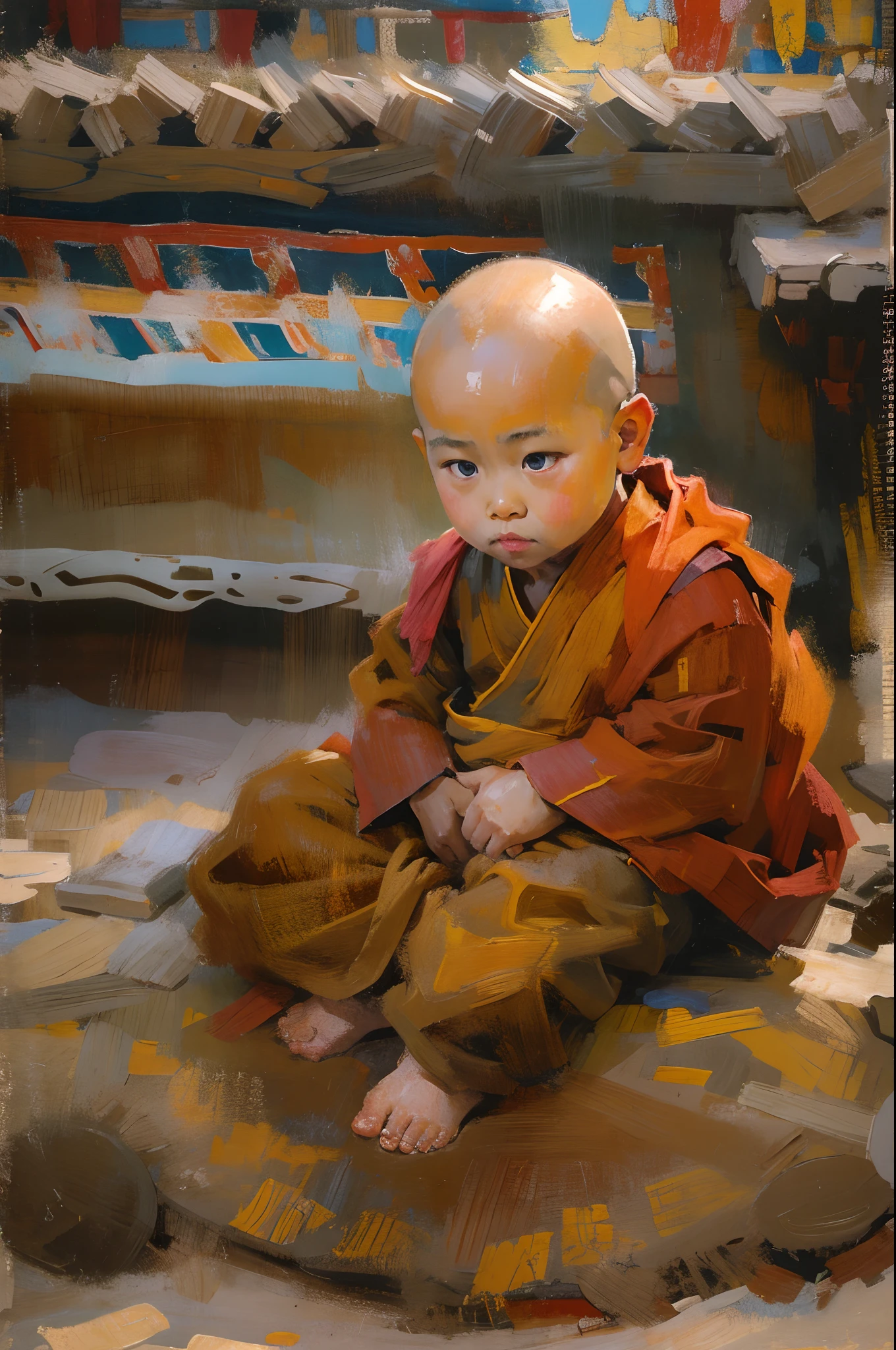 Shigatse, Tibet，Cute cute and serious baby boy living Buddha，Tibetan Buddhist monk clothing，bald-headed，Buddha，Sit cross-kneeled，Red face，and the sun was shining brightly，oil painted，inks，acrycle painting，tmasterpiece，Renaissance style，best qualtiy，A high resolution，super-fine，Eyes detailed，Face detailed，hair detail，Accurate，Clear eye focus close-up