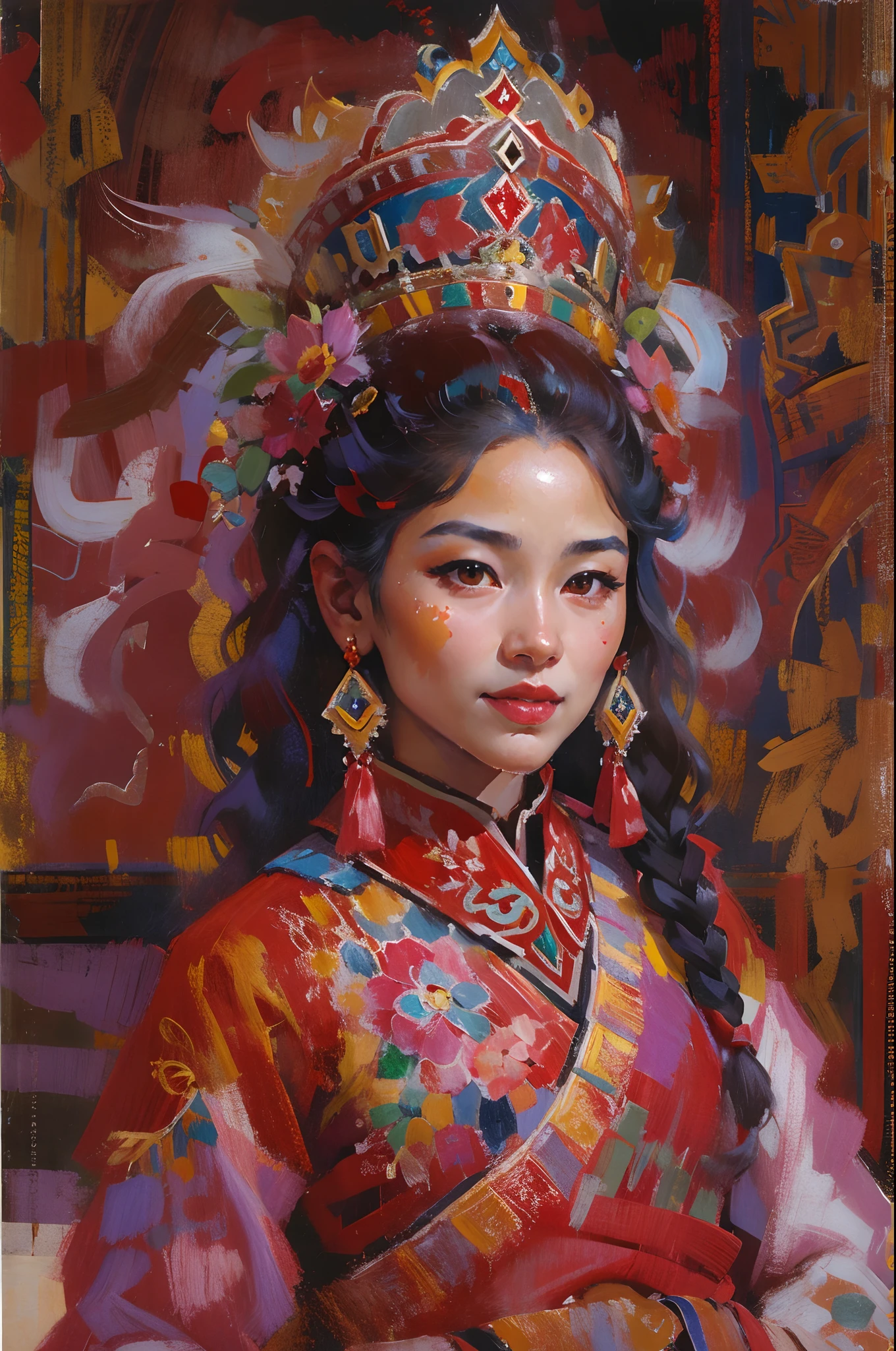 Potala Palace, Lhasa，Beautiful Tibetan girl，Tibetan costumes，ssmile，White teeth are exposed，Dance，cabelos preto e longos，Red face，oil painted，inks，acrycle painting，tmasterpiece，Renaissance style，best qualtiy，A high resolution，super-fine，Eyes detailed，Face detailed，hair detail，Accurate，Clear eye focus close-up