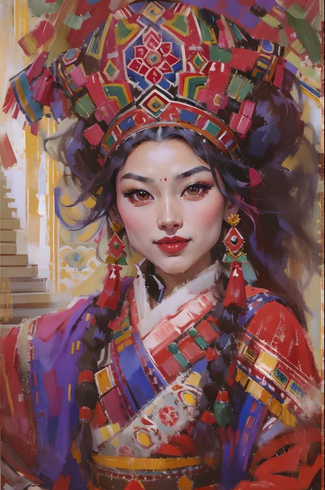 Potala Palace, Lhasa，Beautiful Tibetan girl，Tibetan costumes，ssmile，White teeth are exposed，Dance，cabelos preto e longos，Red face，oil painted，inks，acrycle painting，tmasterpiece，Renaissance style，best qualtiy，A high resolution，super-fine，Eyes detailed，Face ...