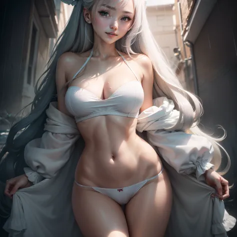 ((best qualtiy, 8K, tmasterpiece:1.3)), Focus:1.2, perfect figure beautiful woman:1.4, Cocked buttocks:1.2, ((long whitr hair)), (wetclothes:1.1) , (rain:1.3), Pink bandeau dress:1.1, Highly detailed facial and skin texture, A detailed eye, 二重まぶた，Cocked bu...