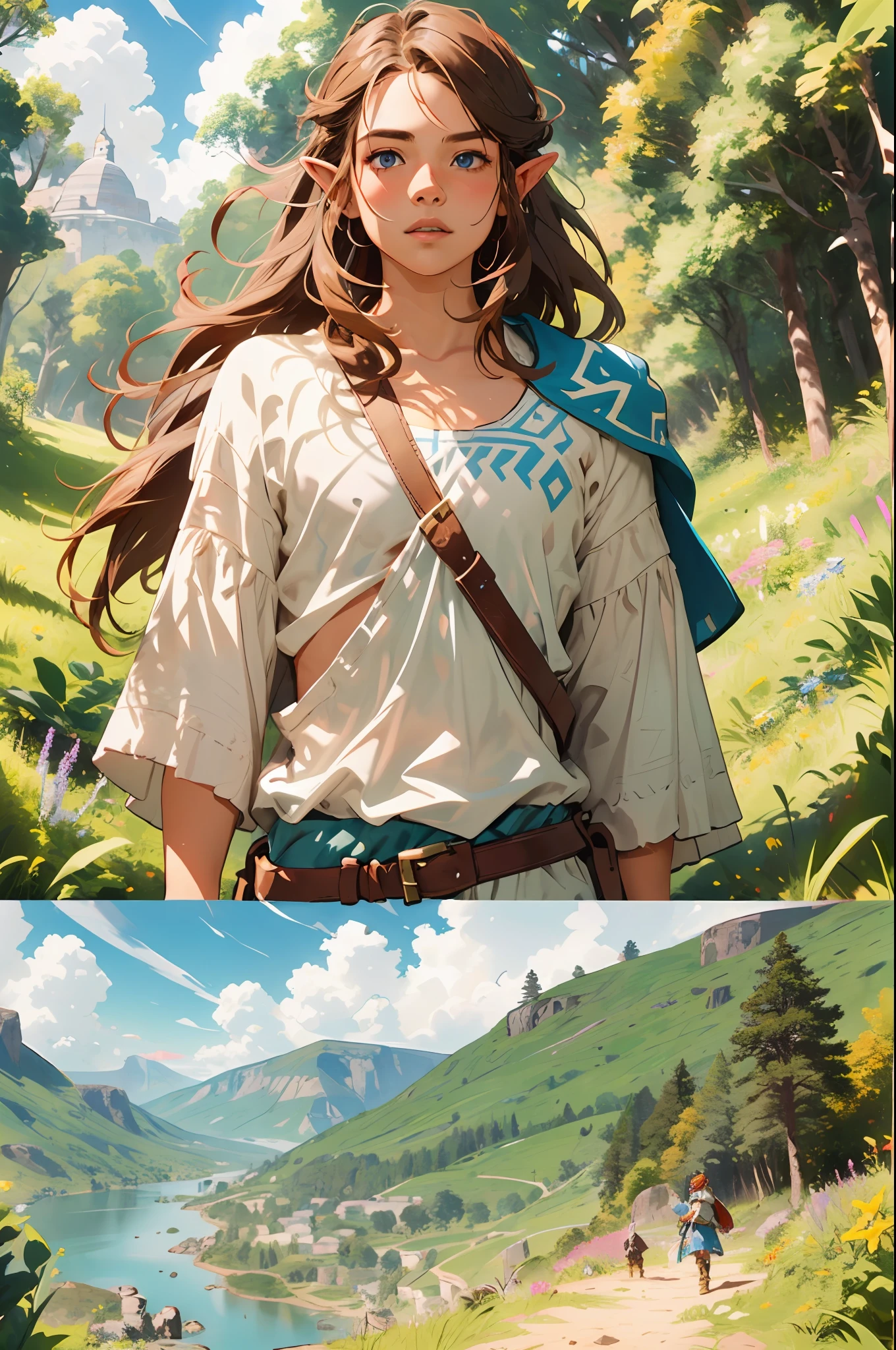 (Award Winning Digital Artwork:1.3) of (Ultra detailed:1.3) solo, 1boy, leaning, blue eyes, blond hair, beautiful forest, shirtless, handsome, straps, gorgeous,CGSociety,ArtStation, forest, fantasy, breath of the wild, botw, extremely detailed face, detailed face, beautiful detailed eyes, clear eyes, beautiful hair. Hyrule kingdom, rolling hills, amazing background, beautiful fields, wild life, wide open fields, dancing grass, blue skies, lovely skies, big clouds, masterpiece, perfections,