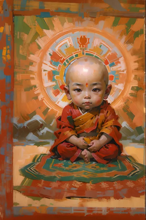 Shigatse, Tibet，Cute cute and serious baby boy living Buddha，Tibetan Buddhist monk clothing，bald-headed，Buddha，Sit cross-kneeled，Red face，and the sun was shining brightly，oil painted，inks，acrycle painting，tmasterpiece，Renaissance style，best qualtiy，A high ...