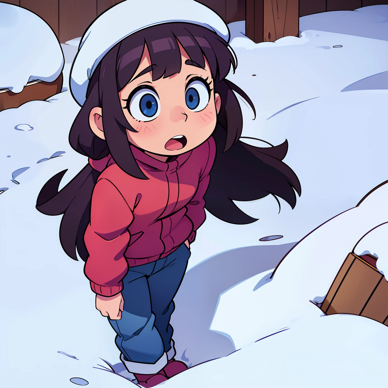  buried in the snow, pants pulled down with shocked expression