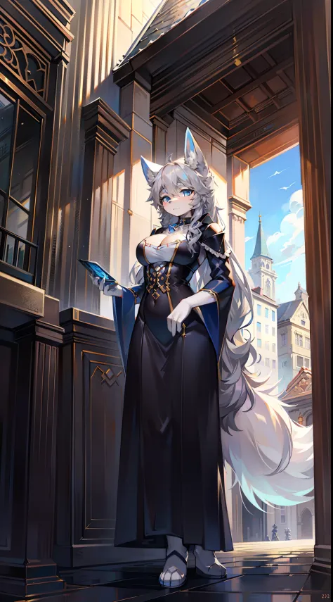 european buildings，Sunny day，Big-tailed wolf，blue color eyes，Gray hair，Long, curly hair，Modern costumes