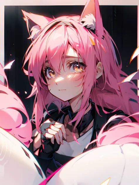 Short pale pink hair，Pale pink cat ears，Yellow eyes，Black bandana，black-clad，Collar