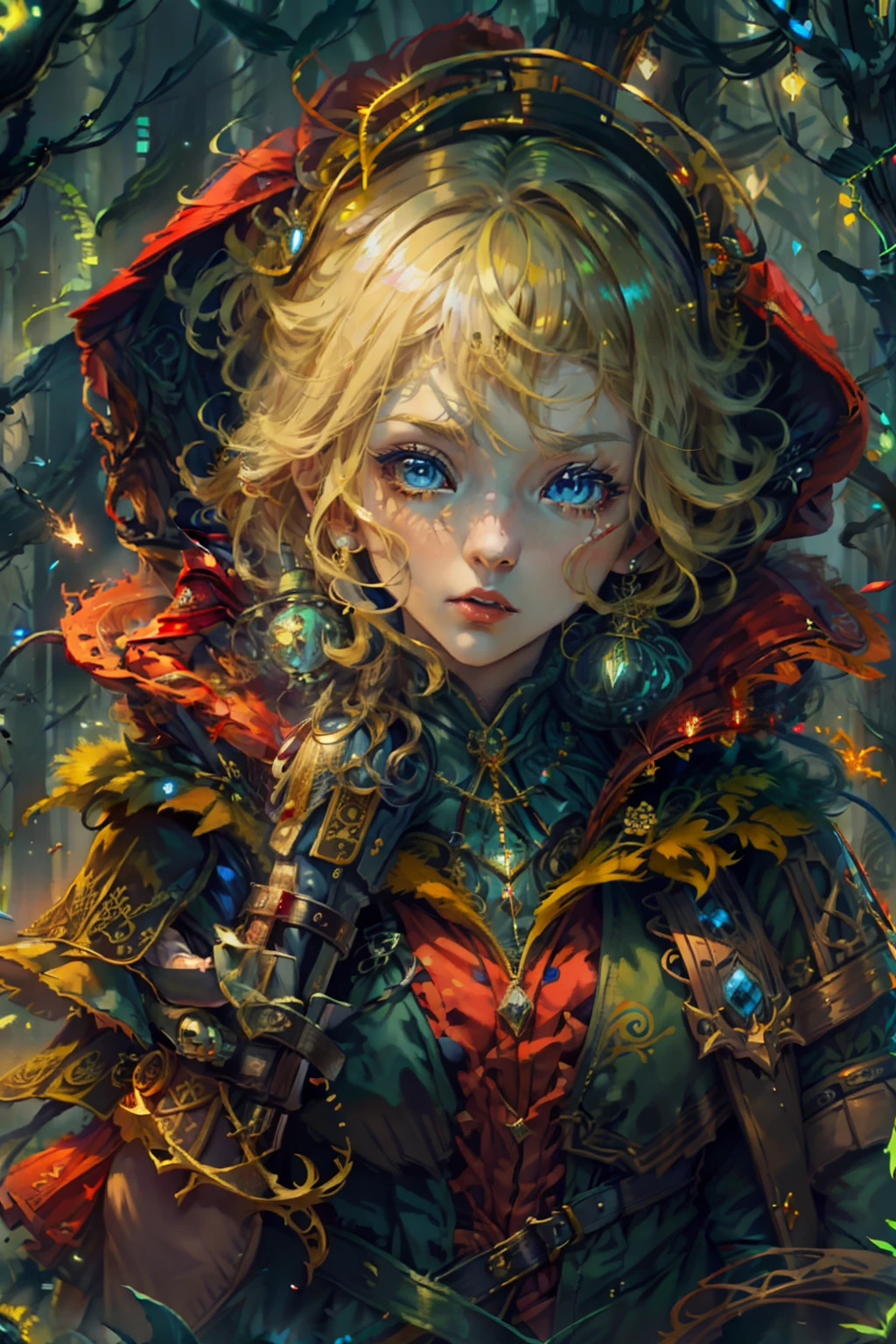 Anime-Figur, Mädchen, blondes Haar, blaue Augen, roter Mantel, Rotkäppchen, Dark Fantasie, Fantasie, Dampfstempel, Illustration, 4k, hohe Qualität