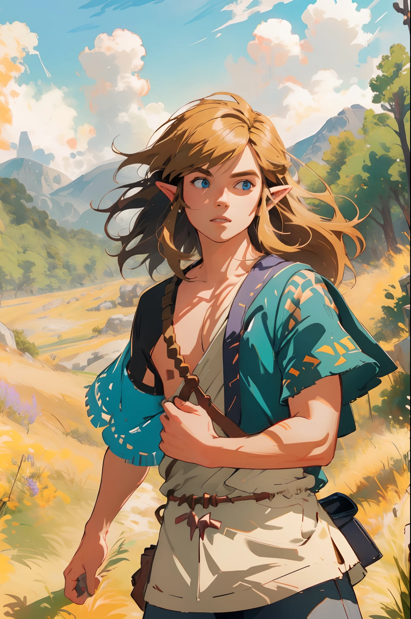 (Award Winning Digital Artwork:1.3) of (Ultra detailed:1.3) solo, 1boy, leaning, blue eyes, blond hair, beautiful forest, shirtless, handsome, straps, gorgeous,CGSociety,ArtStation, forest, fantasy, breath of the wild, botw, extremely detailed face, detailed face, beautiful detailed eyes, clear eyes, beautiful hair. Hyrule kingdom, rolling hills, amazing background, beautiful fields, wild life, wide open fields, dancing grass, blue skies, lovely skies, big clouds, masterpiece, perfections,