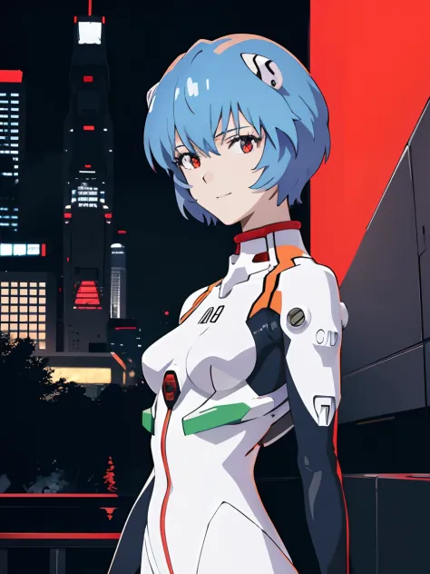 masterpiece, best quality, 1girl, ayanamirei, eva00plugsuit, interface headset, looking at viewer, light smile, city park,upper body,  cyber city