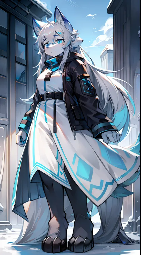 ports，snow country，White building，extreme light，Big-tailed wolf，blue color eyes，grey long hair，down jacket