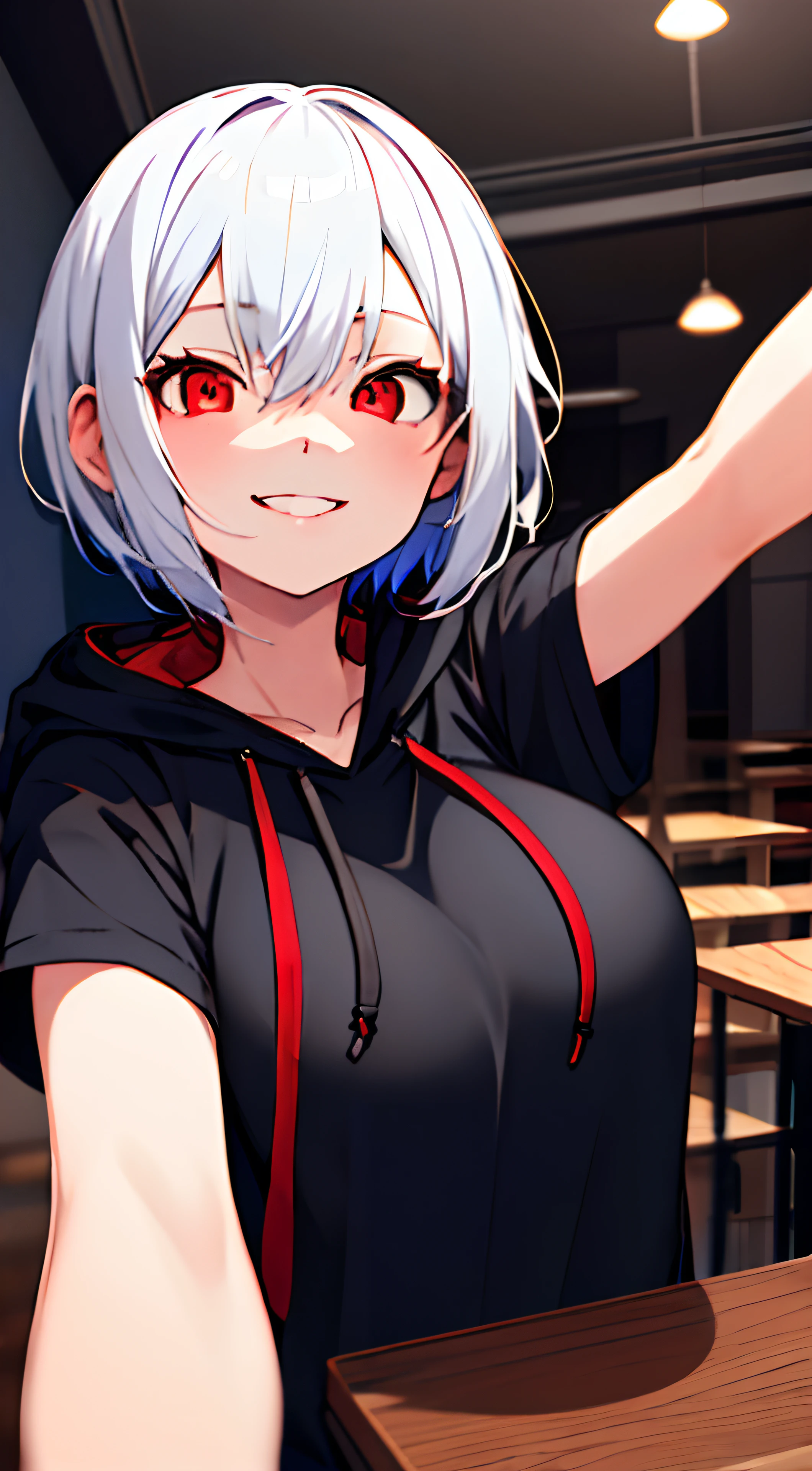 1girl, solo, white hair, red eyes, short hair, big breasts, black hoodie jacket, masterpiece, best quality, selfie, upper body, inside the cafe, smile