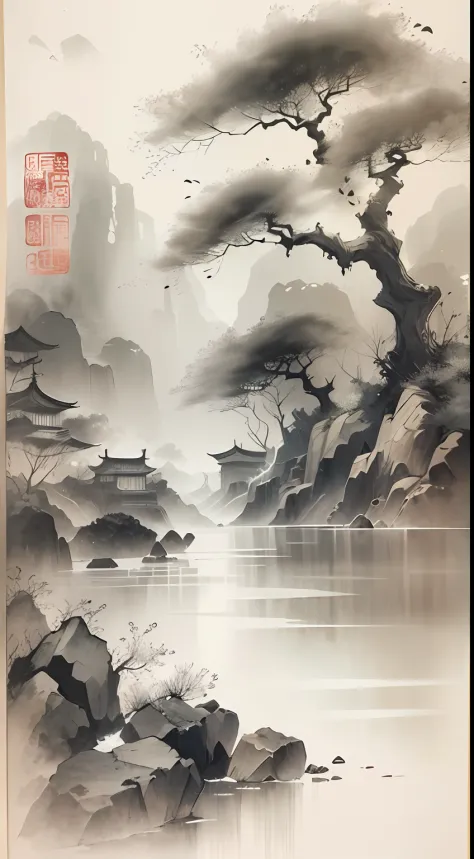 ink and watercolor painting，Draw on rice paper，Use thick and light ink to create light and dark variations and layers，Pick the r...