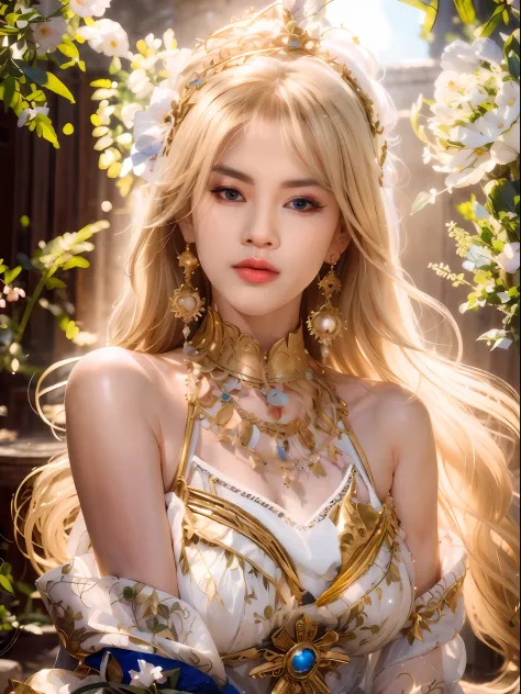 blond haired woman in a white dress with gold jewelry and a blue belt, a beautiful fantasy empress, ((a beautiful fantasy empres...