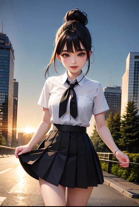 Daisaku,Real Human，short  skirt，（The skirt was blown up by the wind）Need,standing on your feet,black hair bun,in cold face,full bodyesbian,having fun,Light effect,downy,ultraclear,HD picture,(frontage),city scenery,