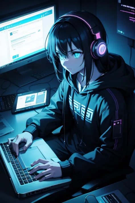 a young hacker sits typing away frantically on a laptop in a dark room lit only by the laptop's screen. the hacker has a focused...