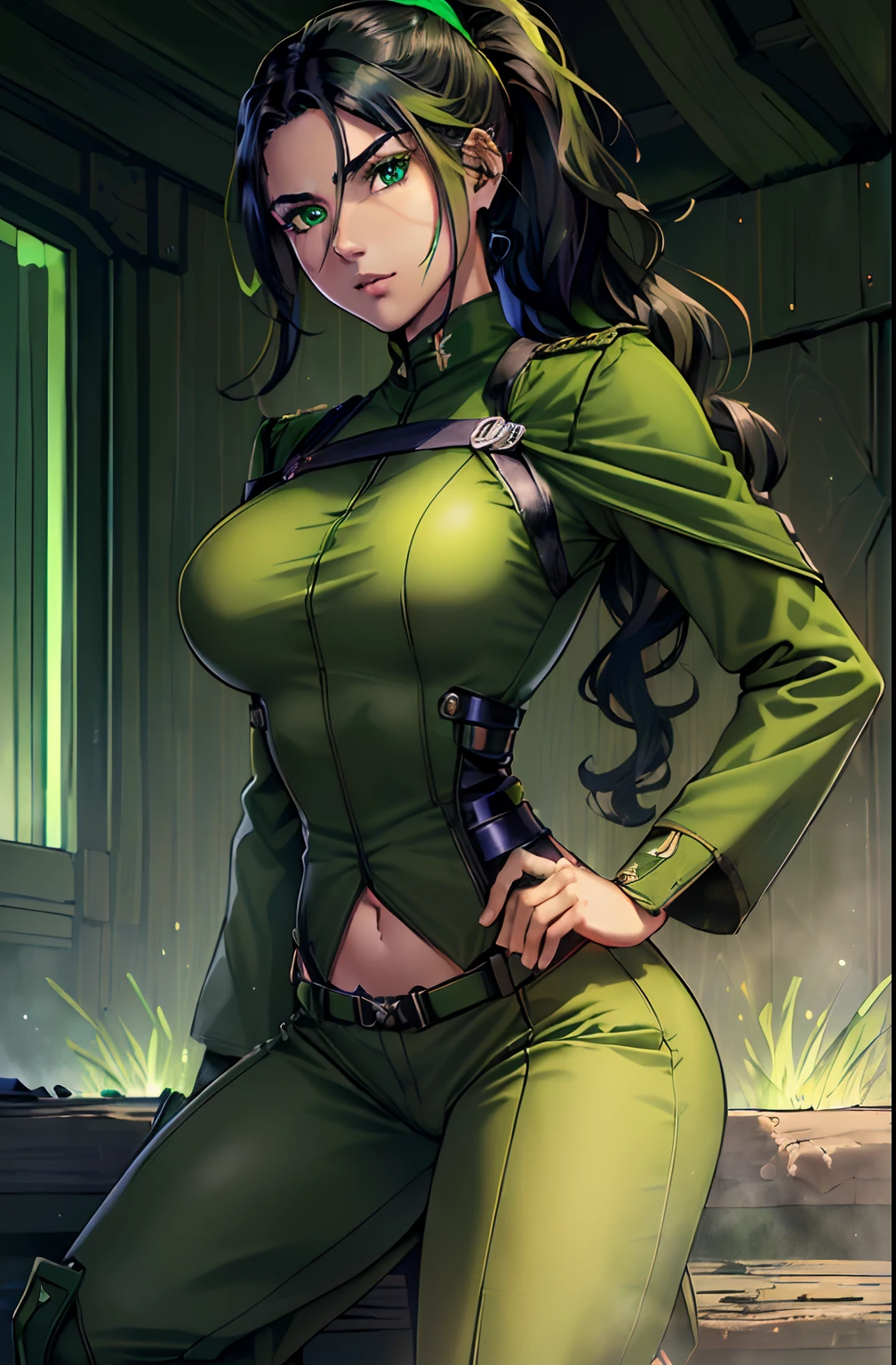 ((((((A young woman))), the anime, ( The eyes are green), (black  hair), Nice face, ssmile, the perfect body, Wavy Hair, hairlong, (((morena))), big breastes, ((tmasterpiece, beste-Qualit)), illustartion, ультра детализированная 8k, Photorealistic, sharp-focus, higly detailed, Professional lighting, colorful details, Rainbow colors, Glowing, intricate detials, Vivid details,,, (Green Military Uniform), (green military pants), (green uniform),Black military boots, Hair gathered in a ponytail, army, barracks, Fight in the war