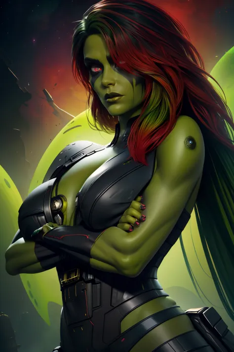 Gamora,green skin , multicolored hair,red eyes,hair over one eye, makeup, crossed arms, serious,  
GaSuit,
alien planet, 
(insanely detailed, beautiful detailed face,beautiful detailed eyes, masterpiece, best quality)