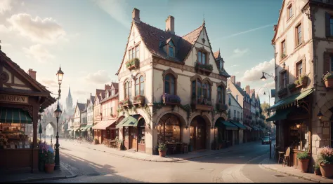 "picturesque townscape: breathtaking architecture in art nouveau style, ((paved street)), ((cafe in the background: 0.5)), ((mag...