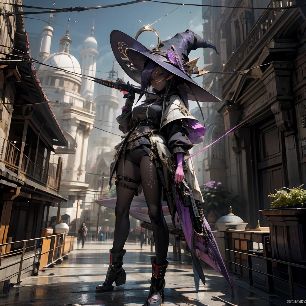 ​masterpiece, futuristic city, witch hat, armed with a revolver, cyberpunk, ultra realisitic, Dark skin,  Like a Yael Shelbia, ..3d, 3D-rendering, porcelain, latex, best qualityer, Anatomy Human, cabelo roxo, purple real hair, purple hair, Asymmetrical Cut Hair, moving hair, Breasts huge, Anatomy Human, posing to photo, translucent, (Ethereal, dreamlike), terrific, 8 k wallpaper