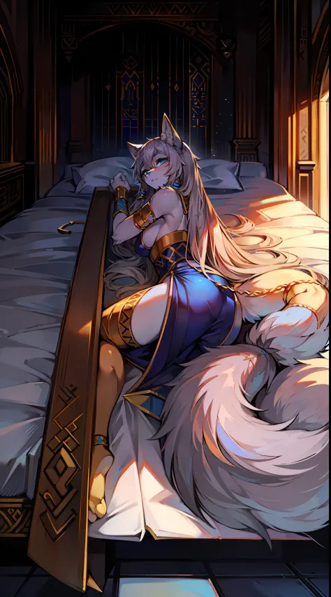 Egyptian dress-up，Big-tailed wolf female，blue color eyes，grey long hair，Lying on a bed in the palace