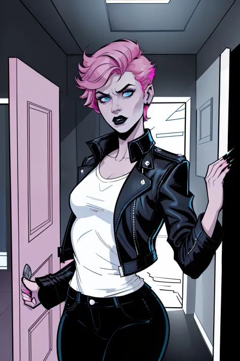 woman, opening a door, inside a dark room, dark wall in background, pale blue eyes, detailed short pink hair Short Side Comb haircut, angry expression, black lipstick, small tits, wearing a leather jacket, black pants, shirt, white shirt, comic book style,...