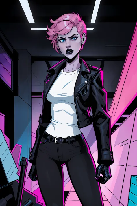 woman, standing inside a dark warehouse, pale blue eyes, detailed short pink hair Short Side Comb haircut, angry expression, black lipstick, small tits, wearing a leather jacket, black pants, shirt, white shirt, comic book style, flat shaded, prominent com...