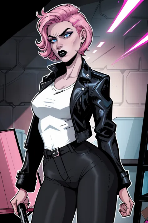 closup face of a woman, inside a dark warehouse, pale blue eyes, detailed short pink hair Short Side Comb haircut, angry expression, black lipstick, small tits, wearing a leather jacket, black pants, shirt, white shirt, comic book style, flat shaded, promi...