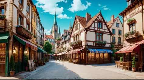 "picturesque townscape: breathtaking architecture in Art Nouveau style, ((paved street)), ((cafe in the background: 0.5)), ((mag...