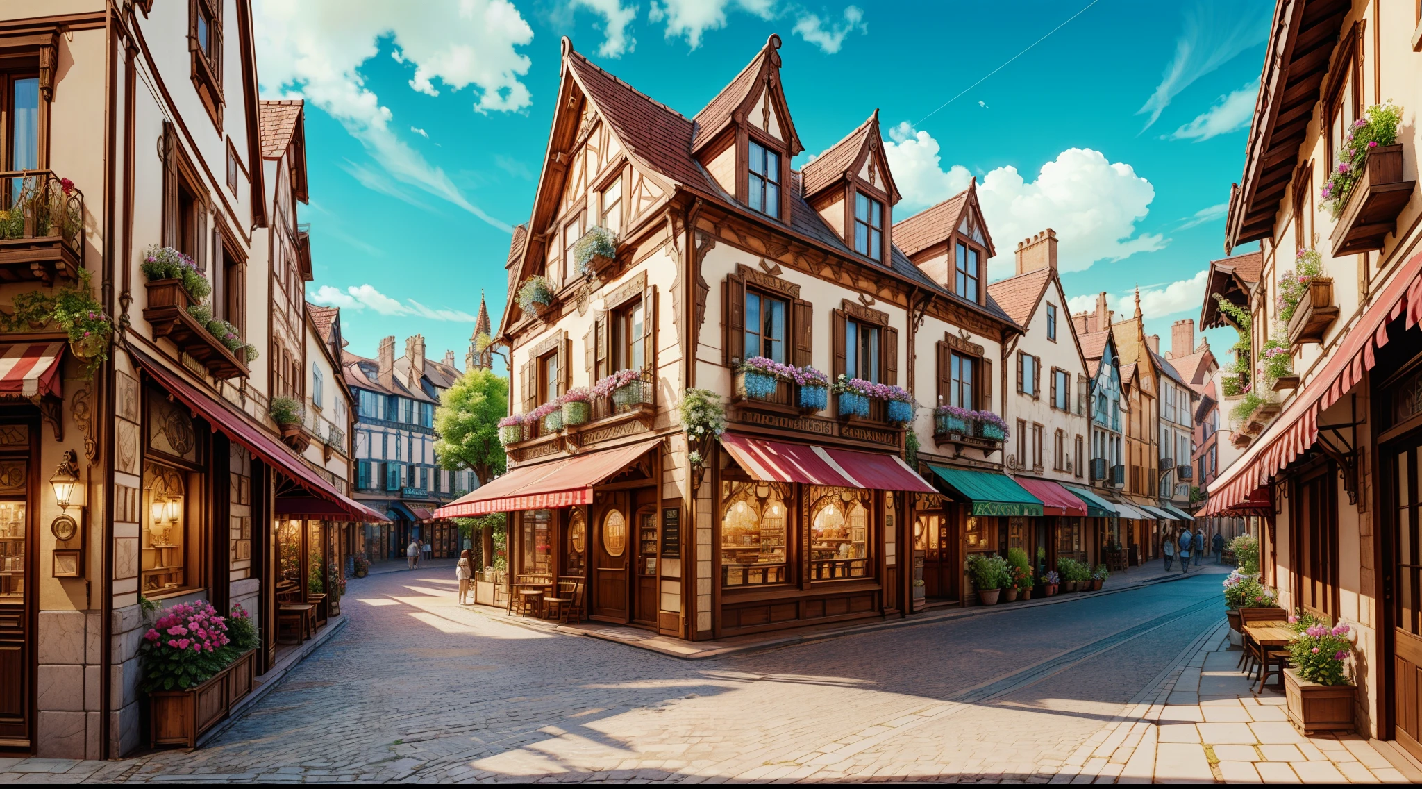 "picturesque townscape: breathtaking architecture in Art Nouveau style, ((paved street)), ((cafe in the background: 0.5)), ((magic shops: 0.5)); town square, charming, vibrant cityscape, enchanting magical fantasy ambiance, (masterpiece), (best quality), (ultra-detailed) beautiful surroundings in the background, many flowers and trees, insanely detailed and intricate, hypermaximalist, elegant, ornate, hyper realistic, Cinematic Lighting, Panorama, scenery"