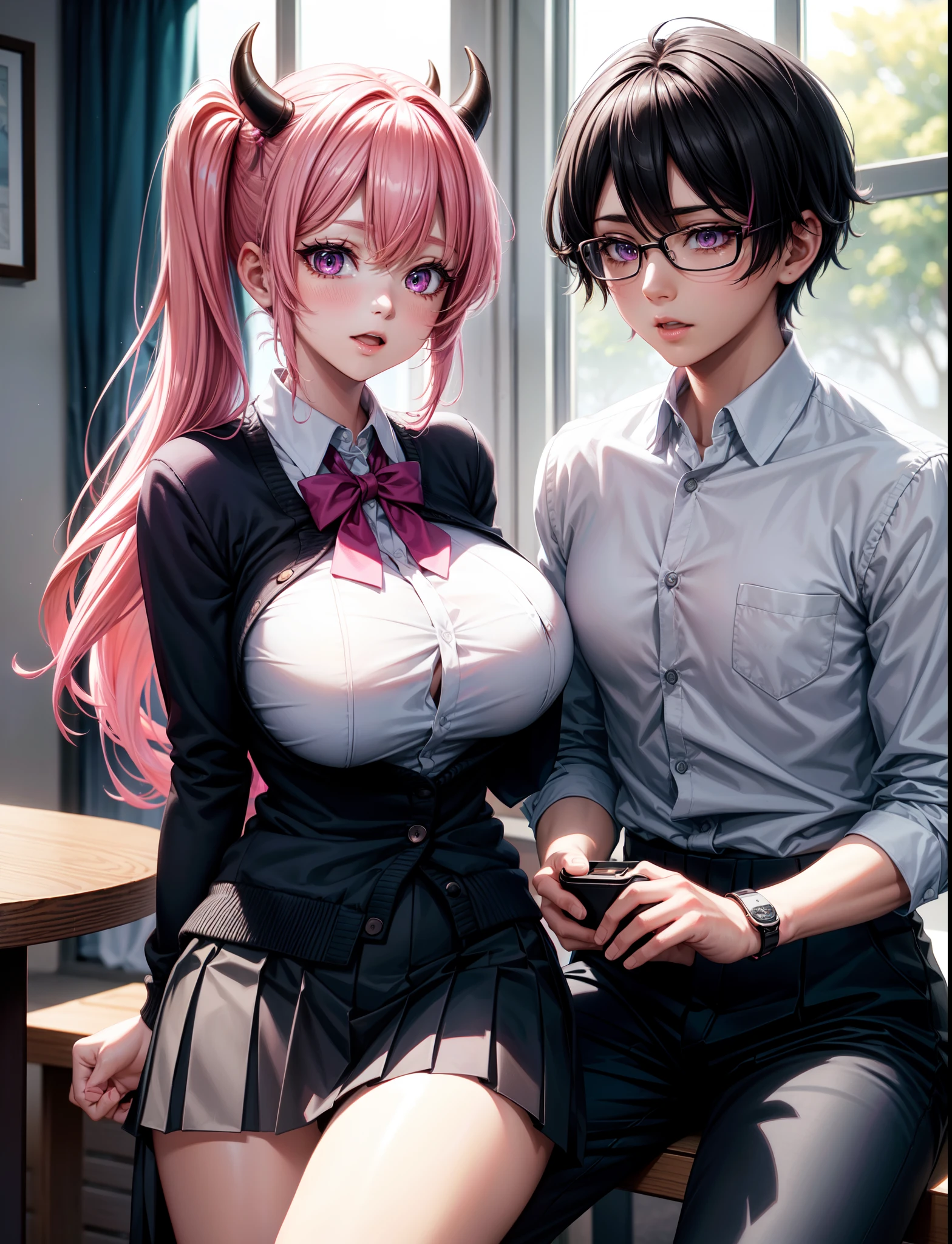 4k,  ,Lens flare, pink hair ,mascara, eyeliner, god rays, 4k, 8k, best quality, masterpiece, hyper detailed, intricate detail, 1boy, 1 girl,  detailed, Detailed fuchsia hair ++, detailed pink eyes ++,  raytracing, perfect shadow, highres, enhanced eyes,  huge breasts, horns, seductive,  hyper detailed, Dressed in a pleated skirt, a button-up blouse, and knee-high socks, your anime girl exudes a scholarly yet fashionable aura. A cardigan and loafers add a touch of sophistication. Your anime girl adds large ribbon bows at the base of each twin tail. This style is both adorable and attention-grabbing, highlighting her playful nature. She is tutoring another school boy, 1 boy, dressed in school attire, he is being tutored