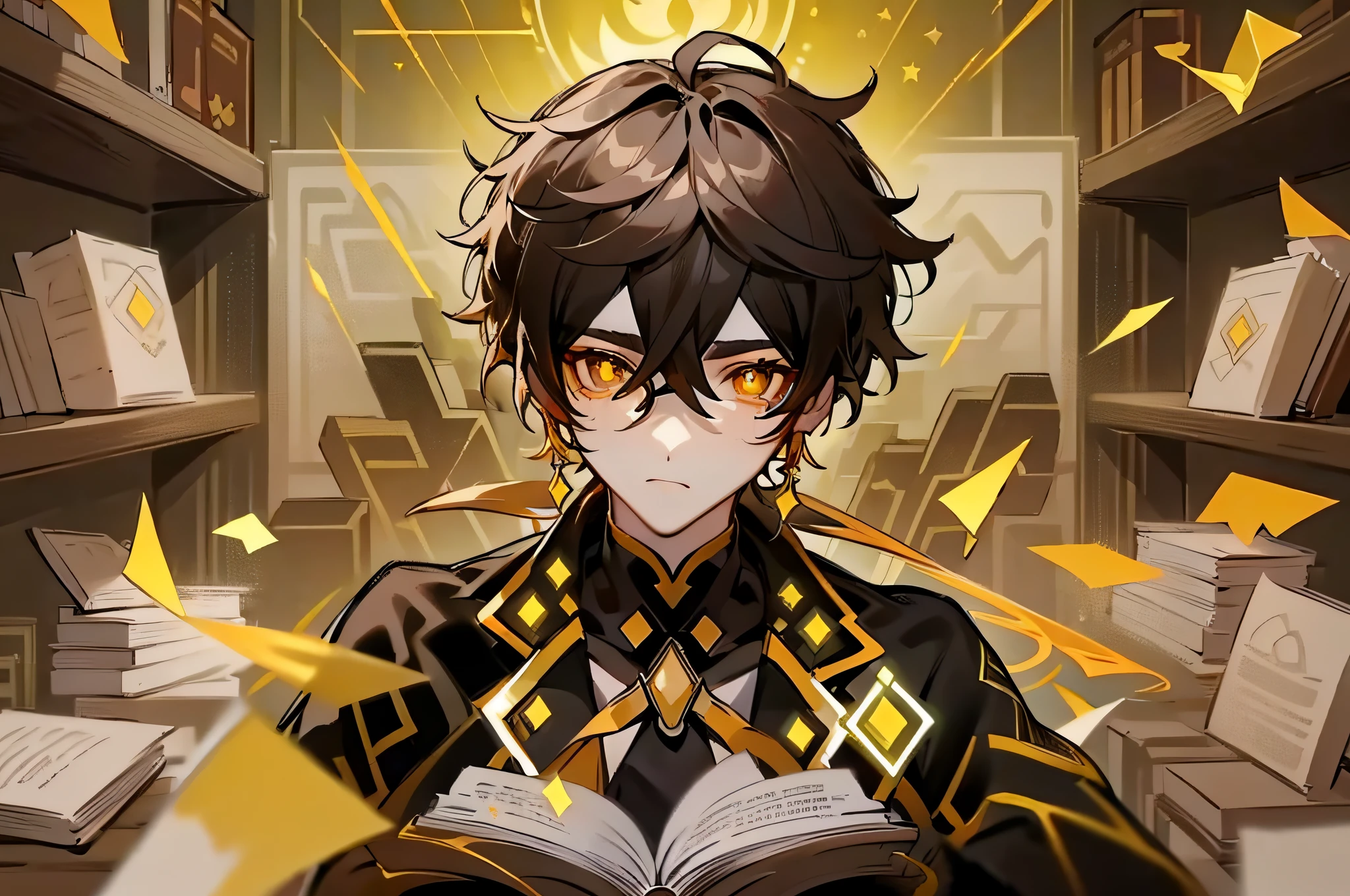 (tmasterpiece), (Floating), (hight resolution), Zhongli, Zhongli (Genshin Impact), light skin, amber eyes with yellow diamond-shaped pupils and red eyeliner on the lower eyelids of the eyes, and mostly short dark brown hair, reads a book, with glasses on, (perfect arms)