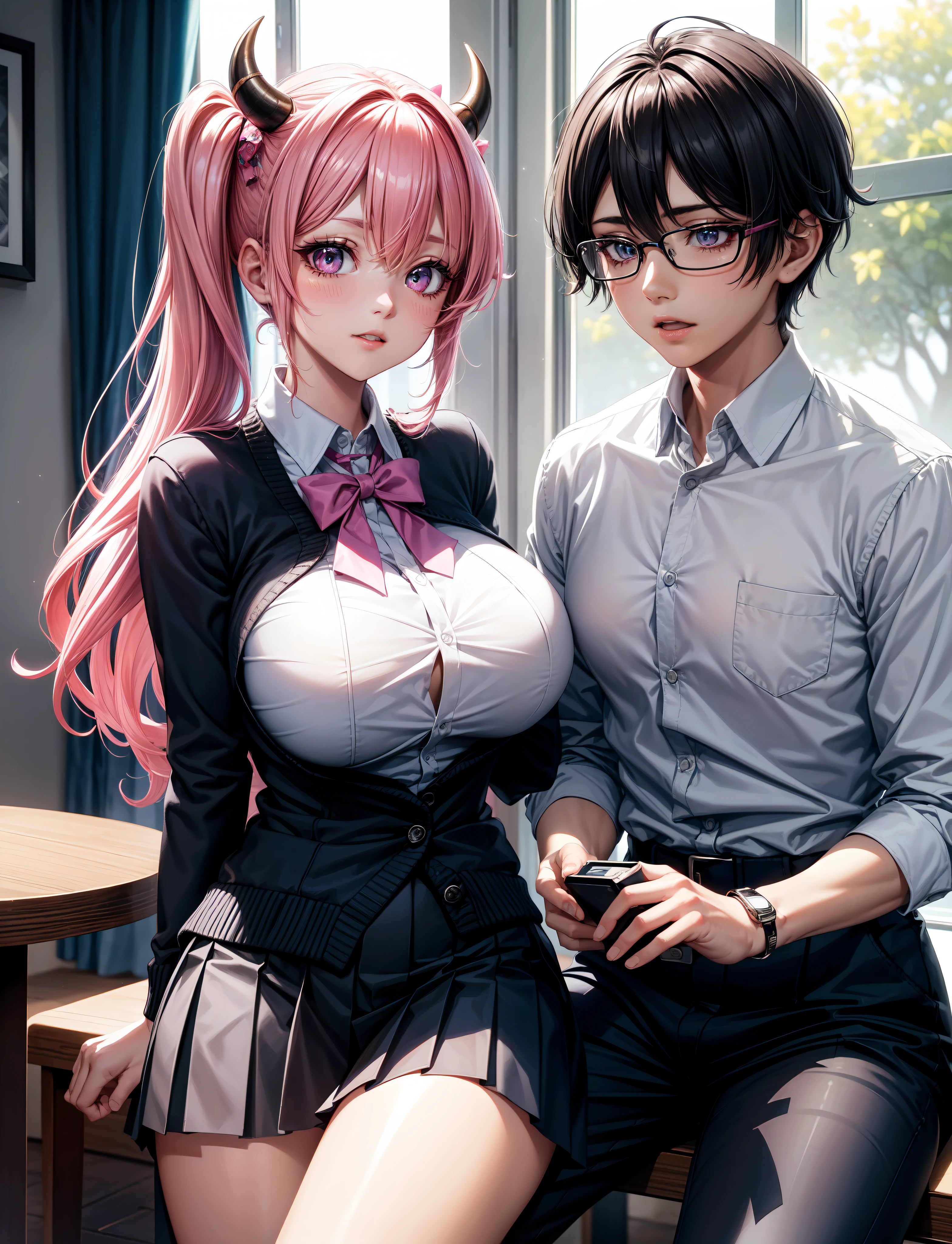 4k,  ,Lens flare, pink hair ,mascara, eyeliner, god rays, 4k, 8k, best quality, masterpiece, hyper detailed, intricate detail, 1boy, 1 girl,  detailed, Detailed fuchsia hair ++, detailed pink eyes ++,  raytracing, perfect shadow, highres, enhanced eyes,  huge breasts, horns, seductive,  hyper detailed, Dressed in a pleated skirt, a button-up blouse, and knee-high socks, your anime girl exudes a scholarly yet fashionable aura. A cardigan and loafers add a touch of sophistication. Your anime girl adds large ribbon bows at the base of each twin tail. This style is both adorable and attention-grabbing, highlighting her playful nature. She is tutoring another school boy, 1 boy, dressed in school attire, he is being tutored