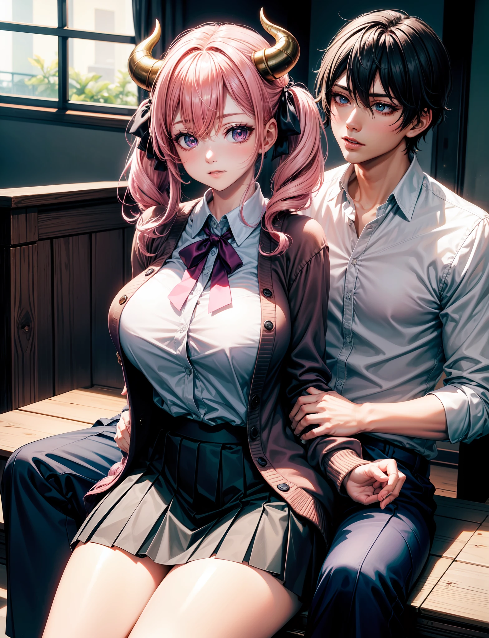 4k,  ,Lens flare, pink hair ,mascara, eyeliner, god rays, 4k, 8k, best quality, masterpiece, hyper detailed, intricate detail, 1boy, 1 girl,  detailed, Detailed fuchsia hair ++, detailed pink eyes ++,  raytracing, perfect shadow, highres, enhanced eyes,  huge breasts, horns, seductive,  hyper detailed, Dressed in a pleated skirt, a button-up blouse, and knee-high socks, your anime girl exudes a scholarly yet fashionable aura. A cardigan and loafers add a touch of sophistication. Your anime girl adds large ribbon bows at the base of each twin tail. This style is both adorable and attention-grabbing, highlighting her playful nature. she is using a boy as a chair, sitting on a boy, she is sitting on someone, sitting on a man
