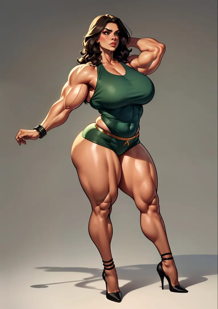tmasterpiece，（Full body like:1.1），Burly woman，Exaggerated large muscles，Beautiful and charming Latin American woman face，largeeyes， 1female，Thin waist，Very broad shoulders,Huge latissimus dorsi， Strong and powerful arms，Stout arms，Thick and powerful leg mu...