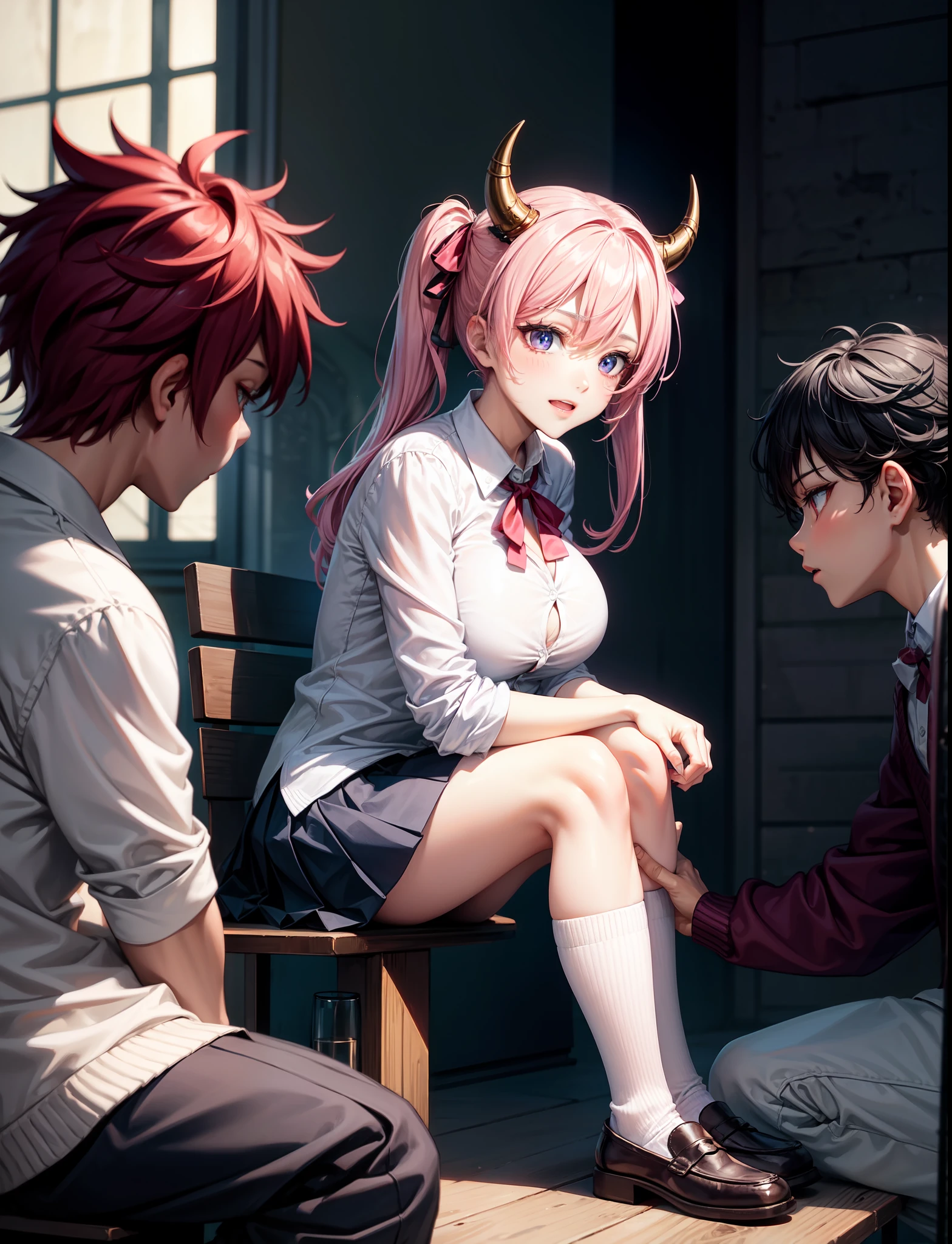 4k,  ,Lens flare, pink hair ,mascara, eyeliner, god rays, 4k, 8k, best quality, masterpiece, hyper detailed, intricate detail, 1boy, 1 girl,  detailed, Detailed fuchsia hair ++, detailed pink eyes ++,  raytracing, perfect shadow, highres, enhanced eyes,  huge breasts, horns, seductive,  hyper detailed, Dressed in a pleated skirt, a button-up blouse, and knee-high socks, your anime girl exudes a scholarly yet fashionable aura. A cardigan and loafers add a touch of sophistication. Your anime girl adds large ribbon bows at the base of each twin tail. This style is both adorable and attention-grabbing, highlighting her playful nature. she is using a boy as a chair, sitting on a boy, she is sitting on someone, sitting on a man, using a boy as a chair, sitting on mans back