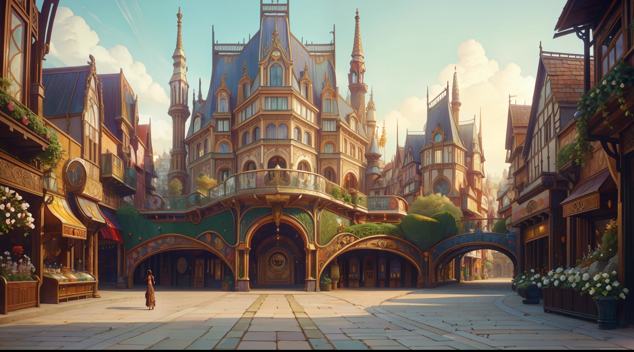 "picturesque townscape, breathtaking architecture ((Art Nouveau style)), ((paved street)), ((magic shops: 0.5)); town square, charming, vibrant cityscape, enchanting magical fantasy ambiance, (masterpiece), (best quality), (ultra-detailed) beautiful surroundings in the background, many flowers and trees, insanely detailed and intricate, hypermaximalist, elegant, ornate, hyper realistic, Cinematic Lighting, Side-View, scenery"